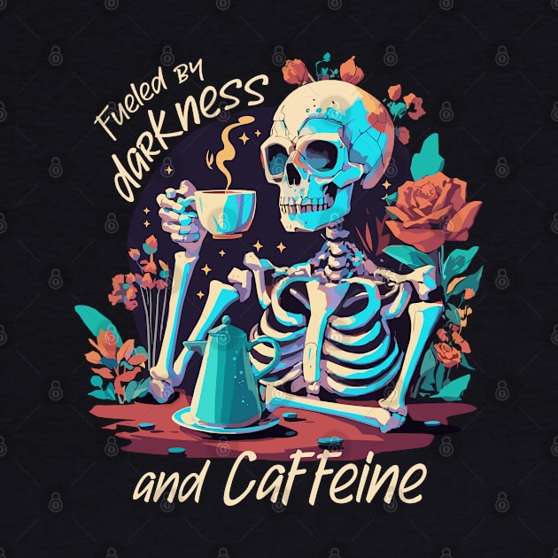 Fueled by darkness and caffeine - Skeleton with coffee by PrintSoulDesigns